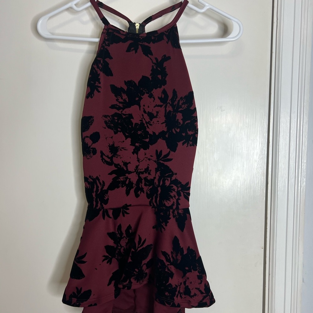 Windsor peplum top. Velvet + lace detail. Open back.
